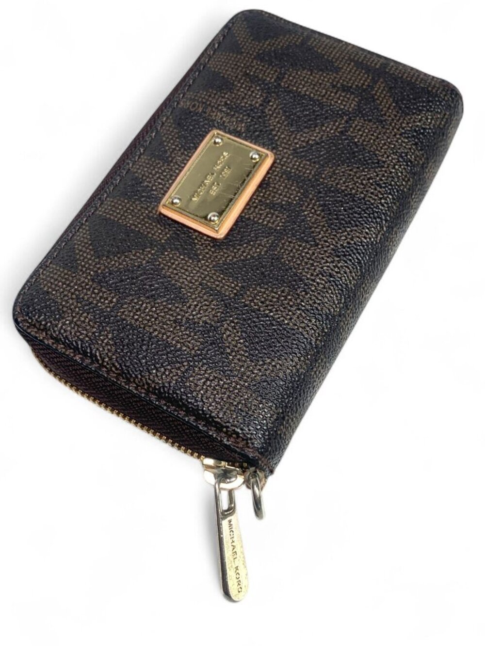 Michael Kors Small Monogram Zip Around Wallet Brown Leather Gold Logo Plate
